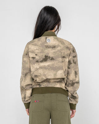 Woman wearing Fly Away Bomber Jacket in Camo