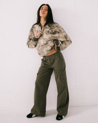 Woman wearing Fly Away Bomber Jacket in Camo