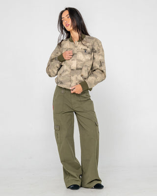 Woman wearing Fly Away Bomber Jacket in Camo