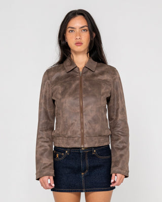 Woman wearing Lizzy Faux Leather Fitted Jacket in Ash Brown