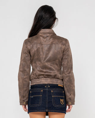 Woman wearing Lizzy Faux Leather Fitted Jacket in Ash Brown