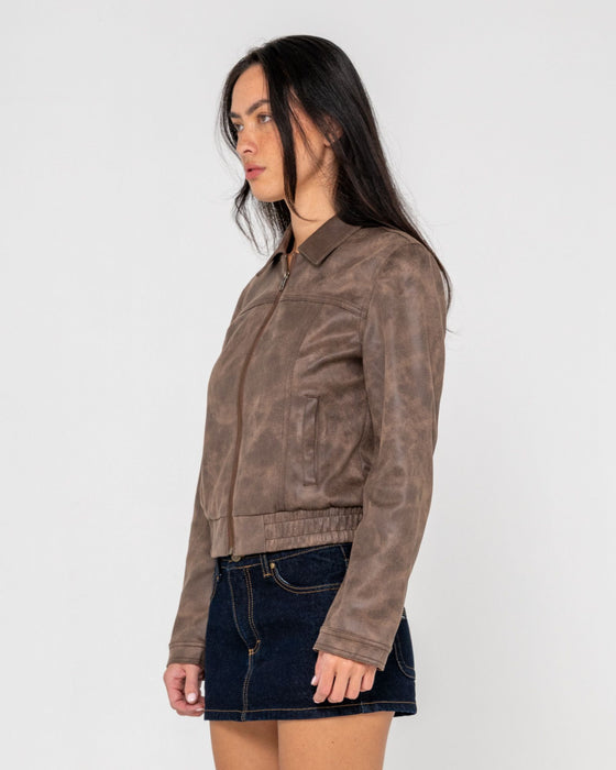 woman-wearing-lizzy-faux-leather-fitted-jacket-in-ash-brown