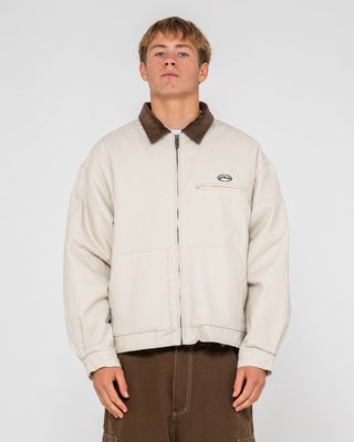 Man wearing Wookie Workwear Jacket in Abbey Stone