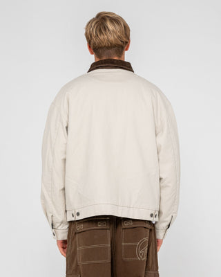 Man wearing Wookie Workwear Jacket in Abbey Stone