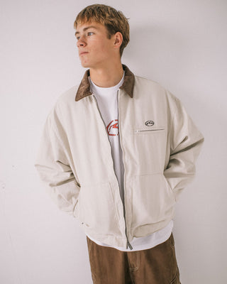 Man wearing Wookie Workwear Jacket in Abbey Stone