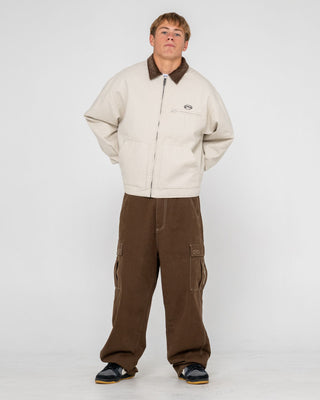 Man wearing Wookie Workwear Jacket in Abbey Stone