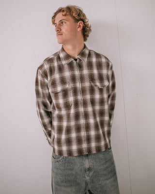 Man wearing Zeal Zip Thru Over Shirt in Pinecone