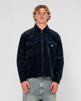 Man wearing Zeal Cord Zip Thru Over Shirt in Navy Blue