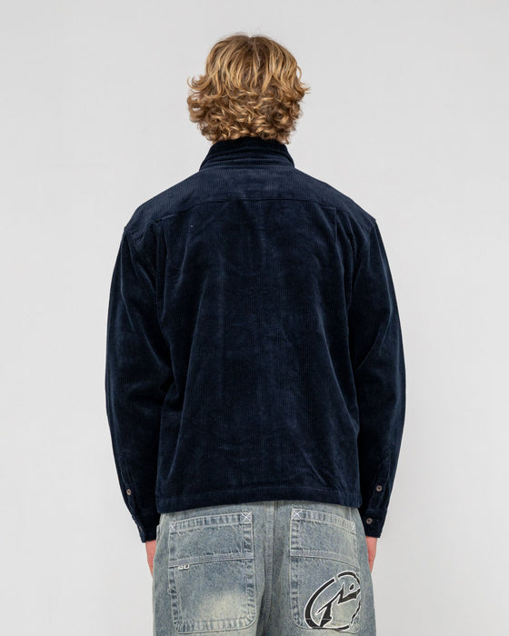 man-wearing-zeal-cord-zip-thru-over-shirt-in-navy-blue