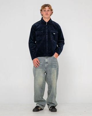 Man wearing Zeal Cord Zip Thru Over Shirt in Navy Blue