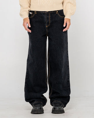 Woman wearing Bethany Baggy Low Rise Jean in Black Out