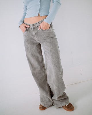 Woman wearing Wendy Wide Low Rise Denim Jean in London Summer