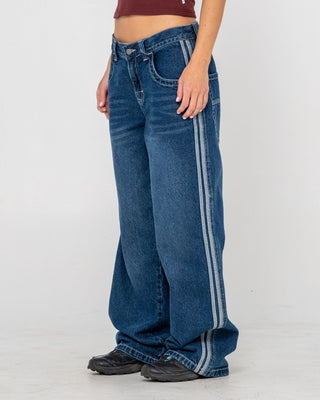 Woman wearing Flip Mommy DIY Low Rise Denim Jean in Blasted Deep Sea Blue