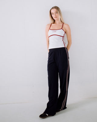 Woman wearing Brother Bronson Lounge Pant in Navy Blue