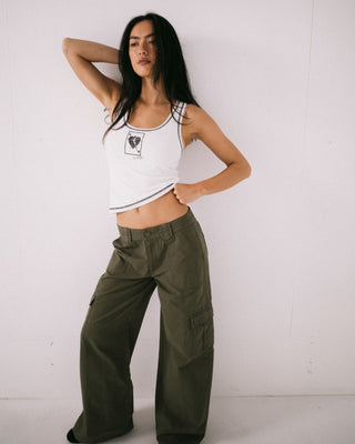 Woman wearing Ultra Cargo Low Rise Wide Pant in Army Green