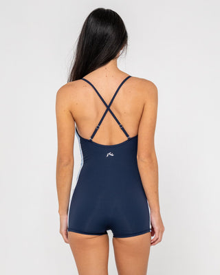 Woman wearing Timmy Target Contrast Romper One Piece in Navy Blue