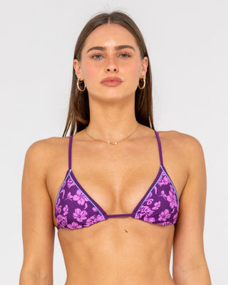 Woman wearing Carbina Sliding Tri Bikini Top in Grape