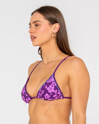 Woman wearing Carbina Sliding Tri Bikini Top in Grape