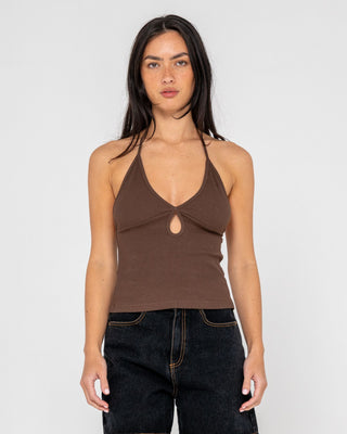 Woman wearing Emma Cut Out Skimmer Tank in Java