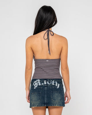 Woman wearing Emma Cut Out Skimmer Tank in Mink Pink Stripe