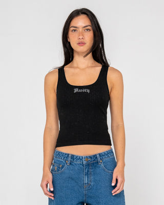 Woman wearing Cassian Ribbed Scoop Neck Singlet in Black