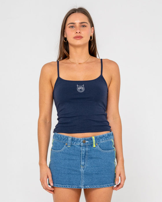 woman-wearing-core-circle-horn-tank-in-navy