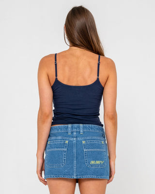 Woman wearing Core Circle Horn Tank in Navy