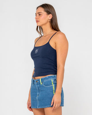 Woman wearing Core Circle Horn Tank in Navy