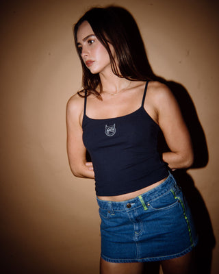 Woman wearing Core Circle Horn Tank in Navy