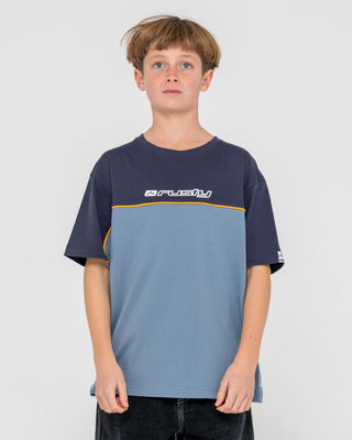 Boy wearing Infinity Short Sleeve Tee Boys in Deep Smoke Blue