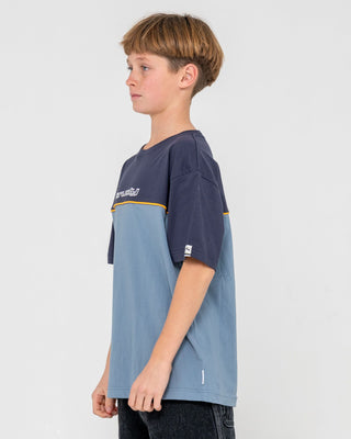 Boy wearing Infinity Short Sleeve Tee Boys in Deep Smoke Blue
