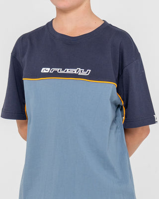 Boy wearing Infinity Short Sleeve Tee Boys in Deep Smoke Blue