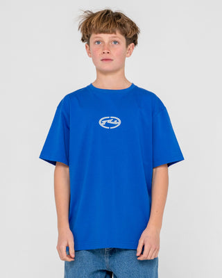 Boy wearing Turbo Short Sleeve Tee Boys in Royal Blue