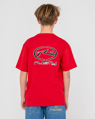 Boy wearing Turbo Short Sleeve Tee Boys in Vintage Red