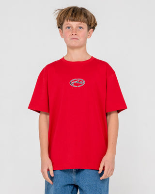 Boy wearing Turbo Short Sleeve Tee Boys in Vintage Red