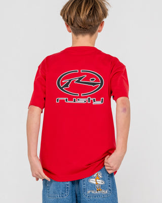 Boy wearing Turbo Short Sleeve Tee Boys in Vintage Red