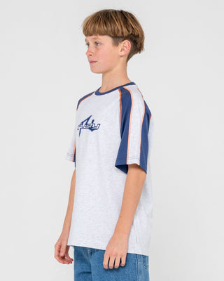 Boy wearing Fade R Short Sleeve Tee Boys in Ecru Marle