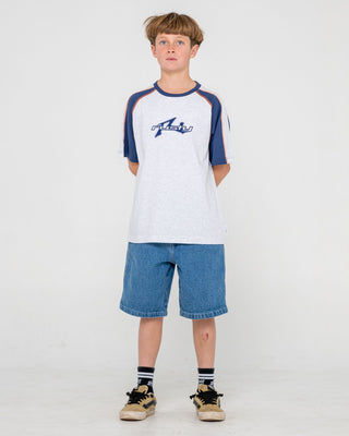 Boy wearing Fade R Short Sleeve Tee Boys in Ecru Marle