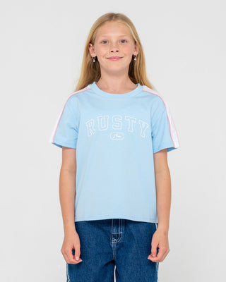 Girl wearing Girls Team Varity Standard Tee in Vintage Blue