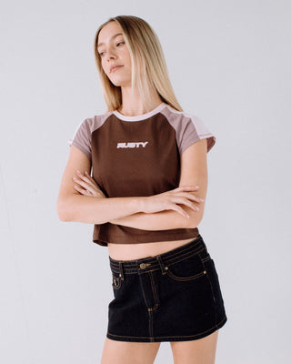 Woman wearing Bradley Mini Cap Sleeve Tee in Java