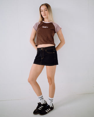 Woman wearing Bradley Mini Cap Sleeve Tee in Java
