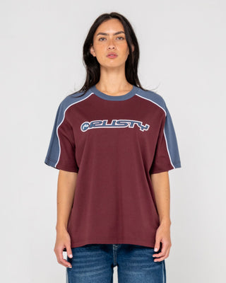 Woman wearing Timmy Target Oversize Tee in Cranberry