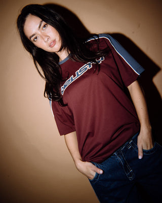 Woman wearing Timmy Target Oversize Tee in Cranberry