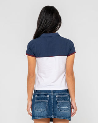 Woman wearing Insert Dad Joke Baby Polo Tee in Multi