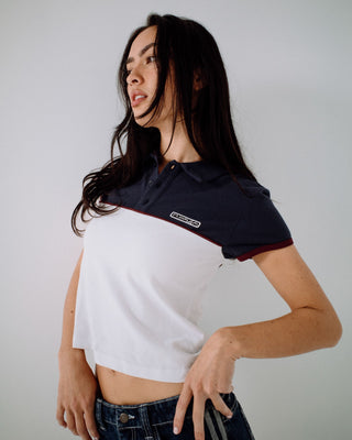 Woman wearing Insert Dad Joke Baby Polo Tee in Multi