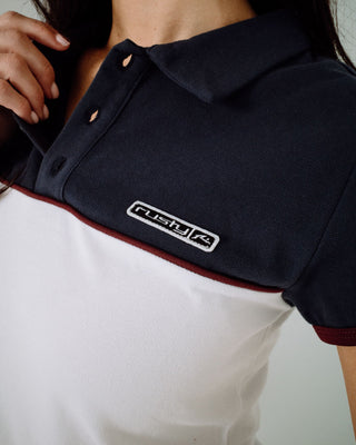 Woman wearing Insert Dad Joke Baby Polo Tee in Multi