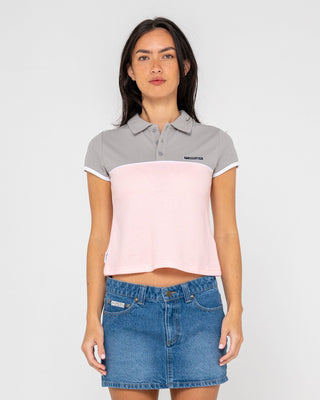 Woman wearing Insert Dad Joke Baby Polo Tee in Pink / Grey