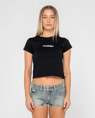 Woman wearing Rusty Core Relaxed Mini Tee in Black