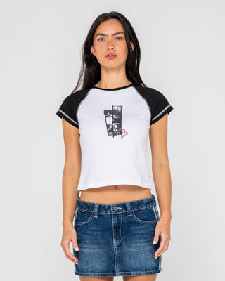 Woman wearing Roll Out Raglan Cap Sleeve Baby Tee in White