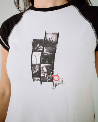 Woman wearing Roll Out Raglan Cap Sleeve Baby Tee in White